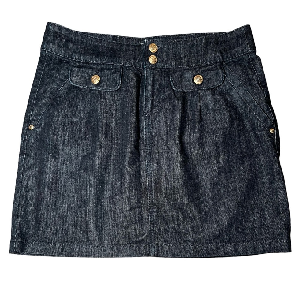 Juicy Couture denim jean skirt dark wash with gold crown buttons size M